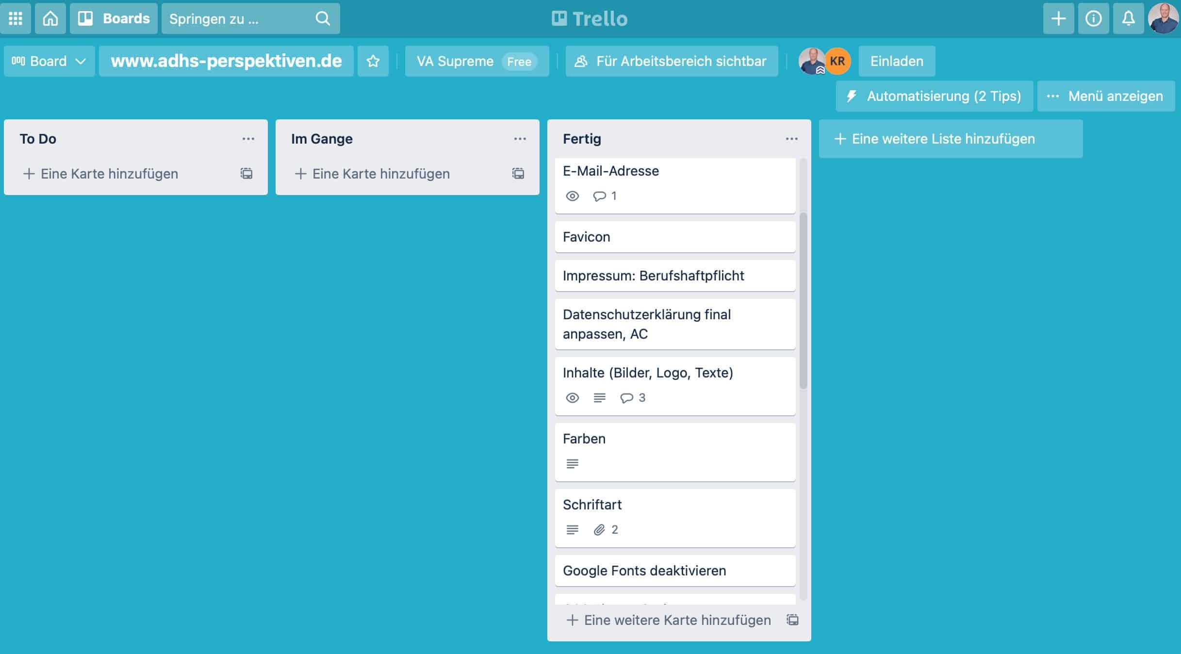 Webiste-Planung. mit Trello